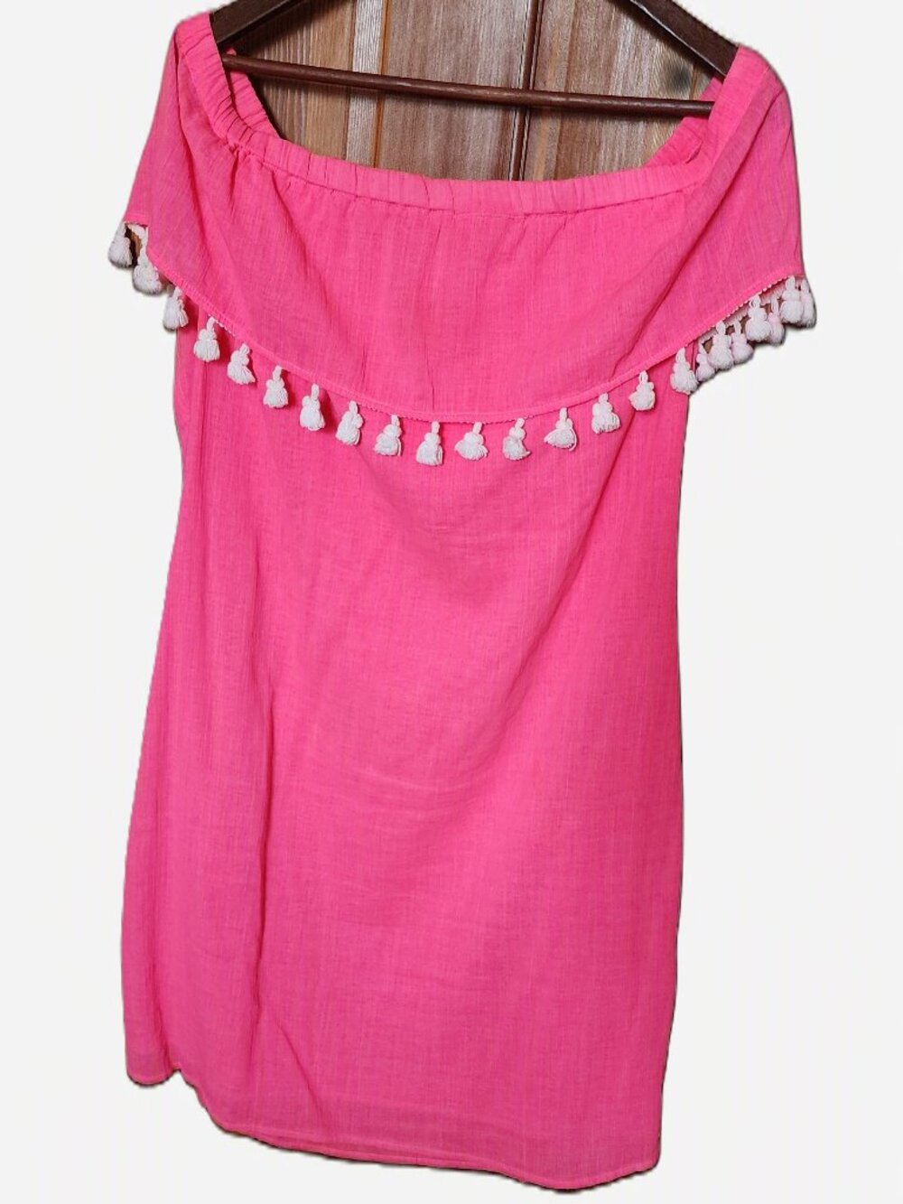 STS Sail to Sable  Hot Pink Off-Shoulder Dress with White Tassel Trim, Size L